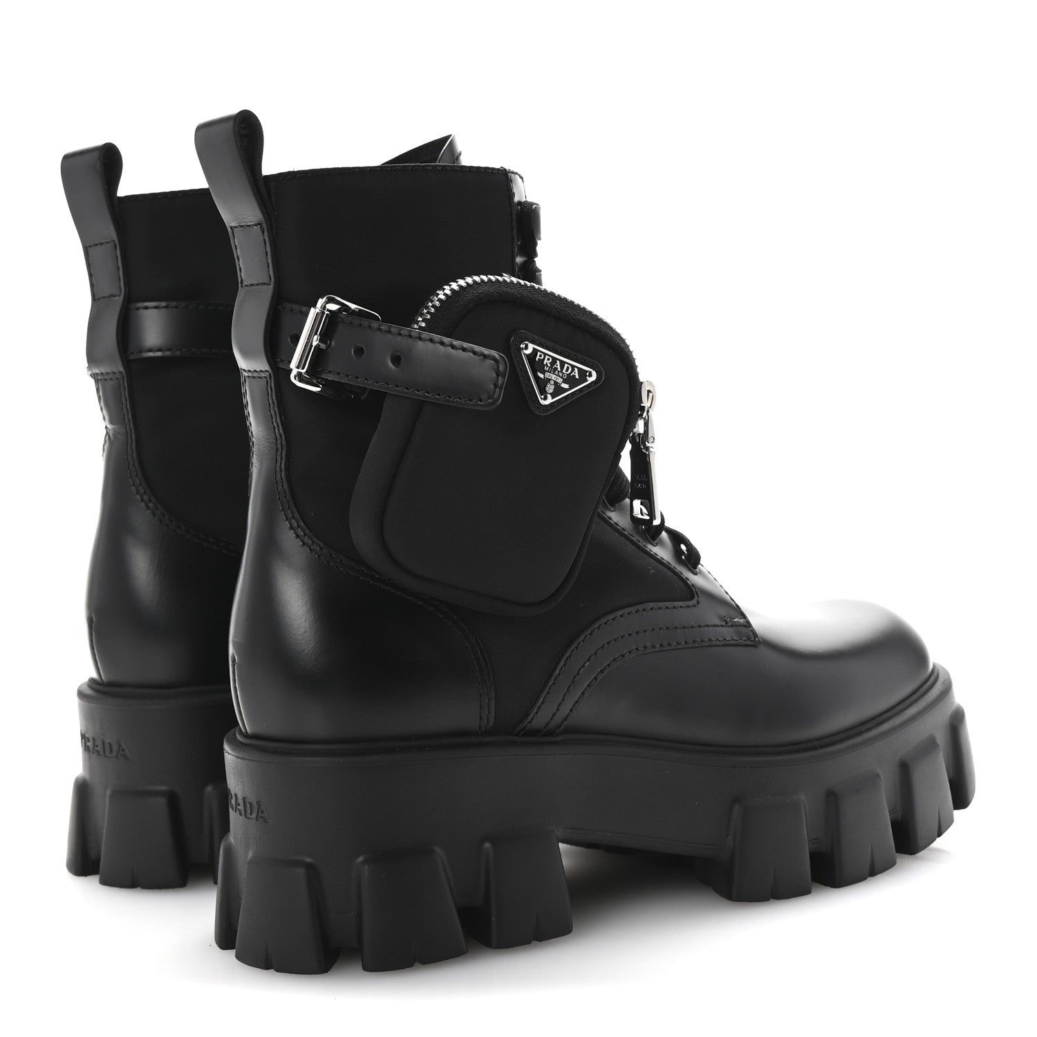 Prada Spazzolato Rois Re-Nylon Metal Triangle Logo Monolith Pouch Pocket 55mm Boots 38.5 Black 5 of 9