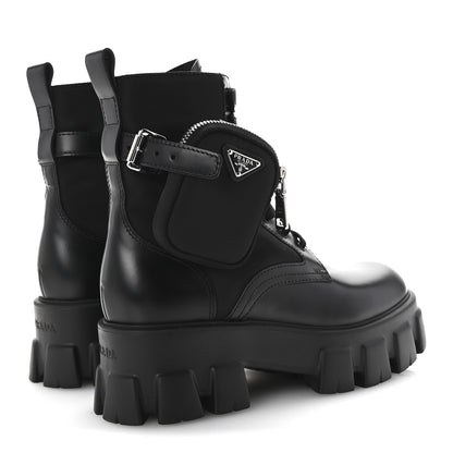 Prada Spazzolato Rois Re-Nylon Metal Triangle Logo Monolith Pouch Pocket 55mm Boots 38.5 Black 5 of 9