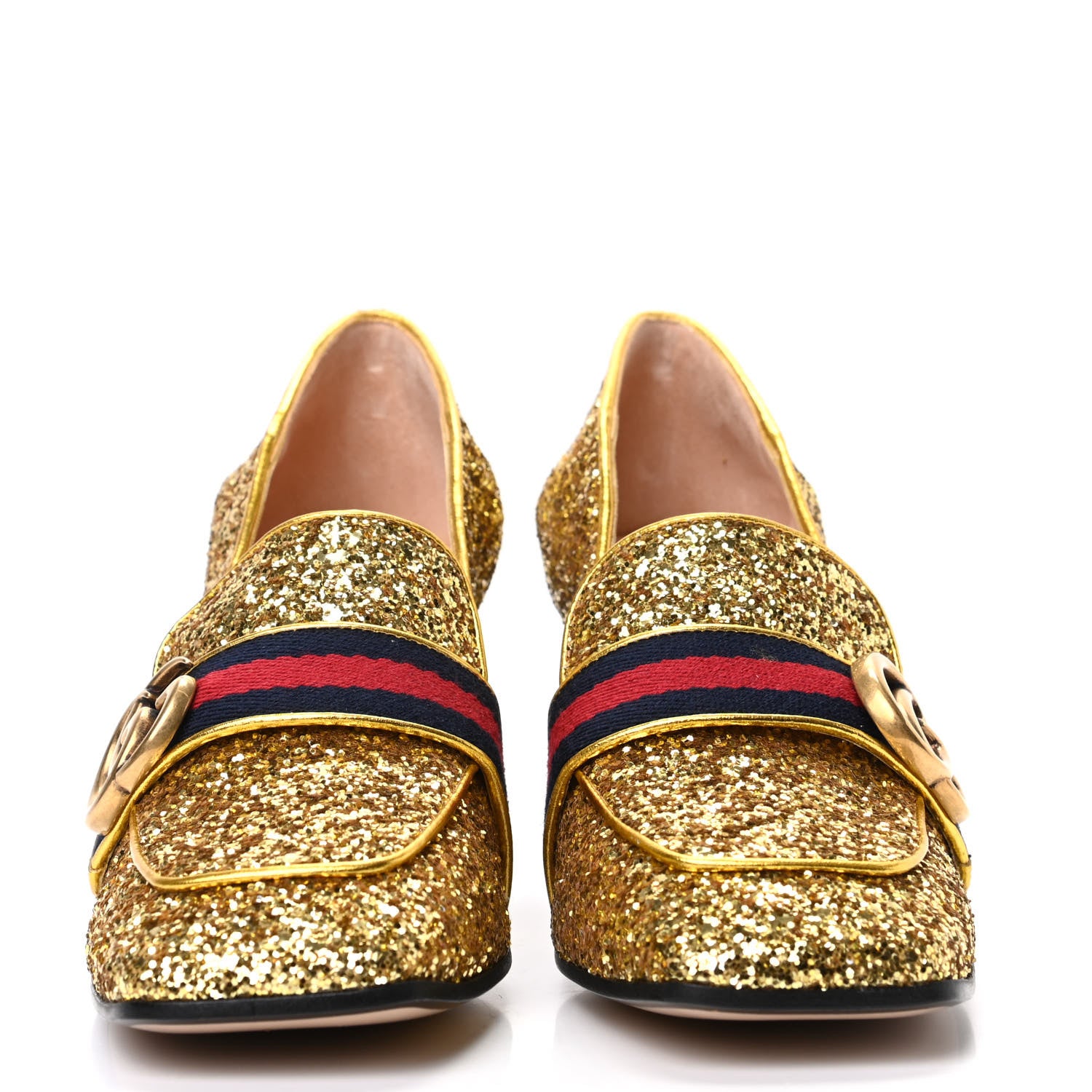 Gucci Glitter Nappa Web Peyton 75mm Loafer Pumps 36.5 Oro Vecchio 2 of 13