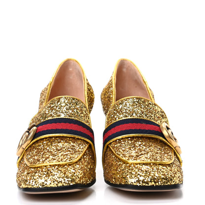 Gucci Glitter Nappa Web Peyton 75mm Loafer Pumps 36.5 Oro Vecchio 2 of 13