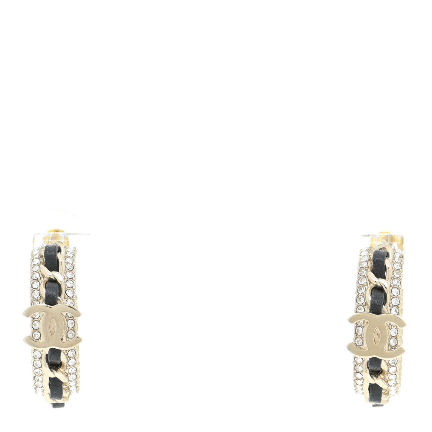 Crystal Lambskin CC Chain Hoop Earrings Gold Black