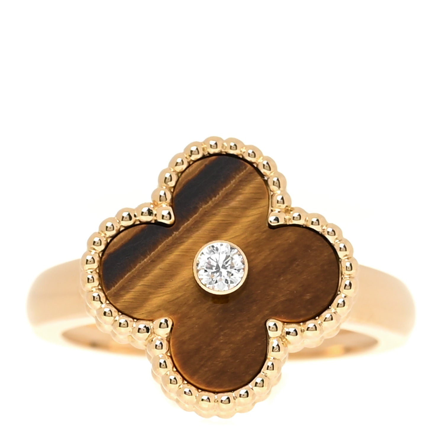 product image of VAN CLEEF & ARPELS 18K Yellow Gold Diamond Tiger's Eye Vintage Alhambra Ring 54 7 FASHIONPHILE