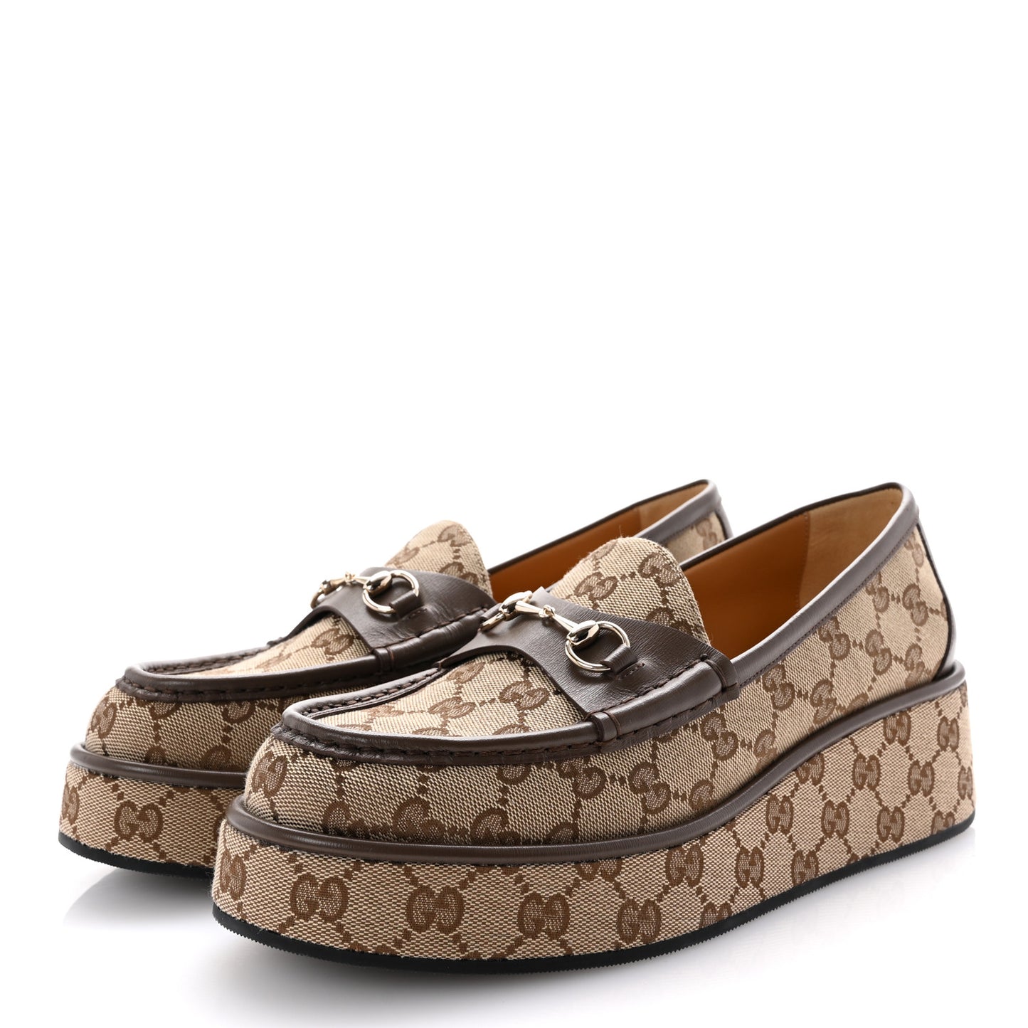 Monogram Horsebit Calfskin Womens Horsebit Wedge Platform Loafers 41 Beige Ebony