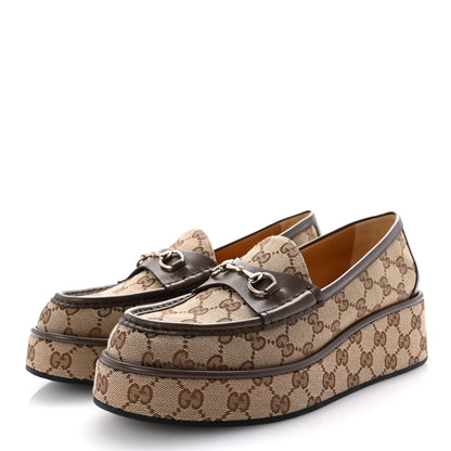 Gucci Monogram Horsebit Calfskin Womens Horsebit Wedge Platform Loafers 41 Beige Ebony 4 of 10