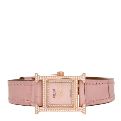 Hermes 18K Rose Gold Alligator Diamond Bezel Rose Opal 17.2mm Heure H Hour Quartz Watch Rose Pale 2 of 5