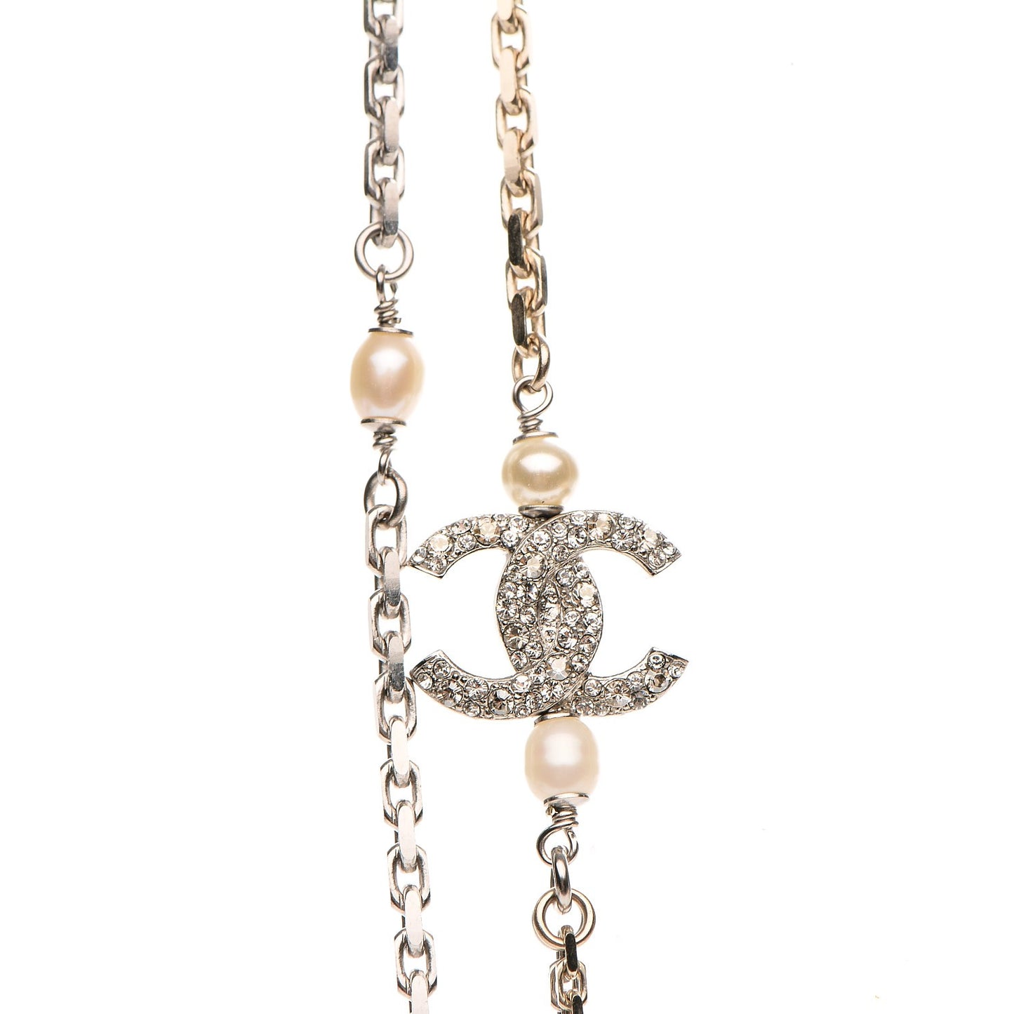 Glass Pearl Strass CC Long Necklace Gold Silver Light Blue