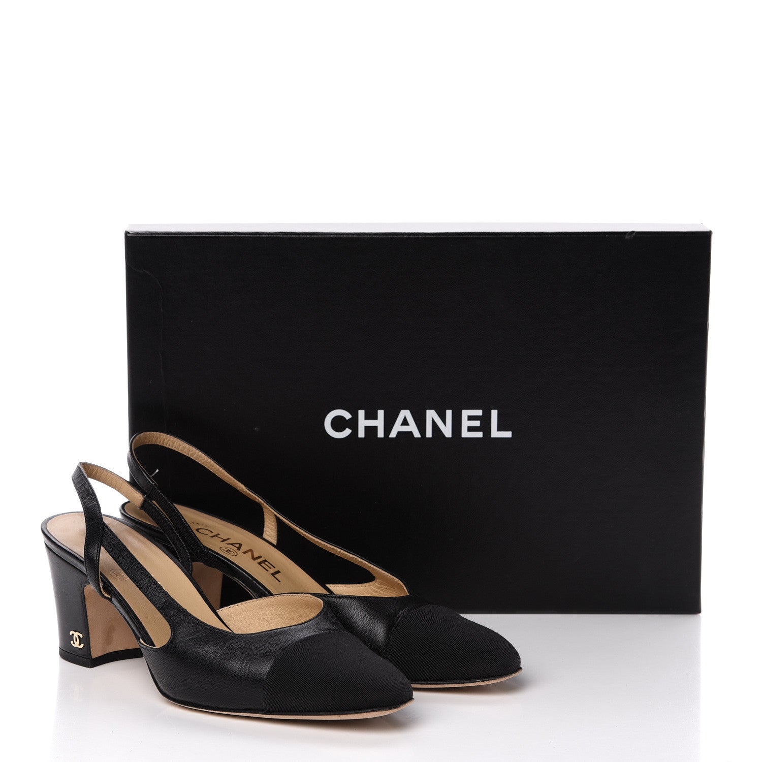 Chanel Goatskin Grosgrain Cap Toe CC Slingback Pumps 36 Black 16 of 16