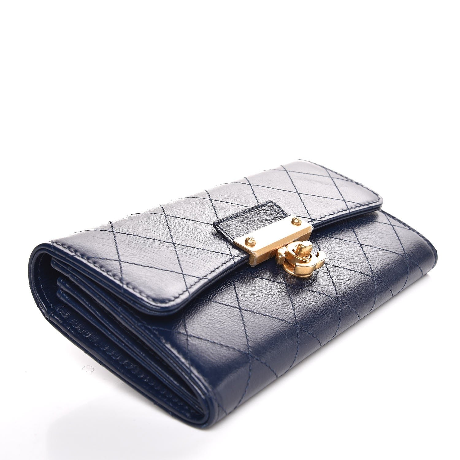Chanel Goatskin Stitched Golden CC Flap Wallet Navy 4 of 9