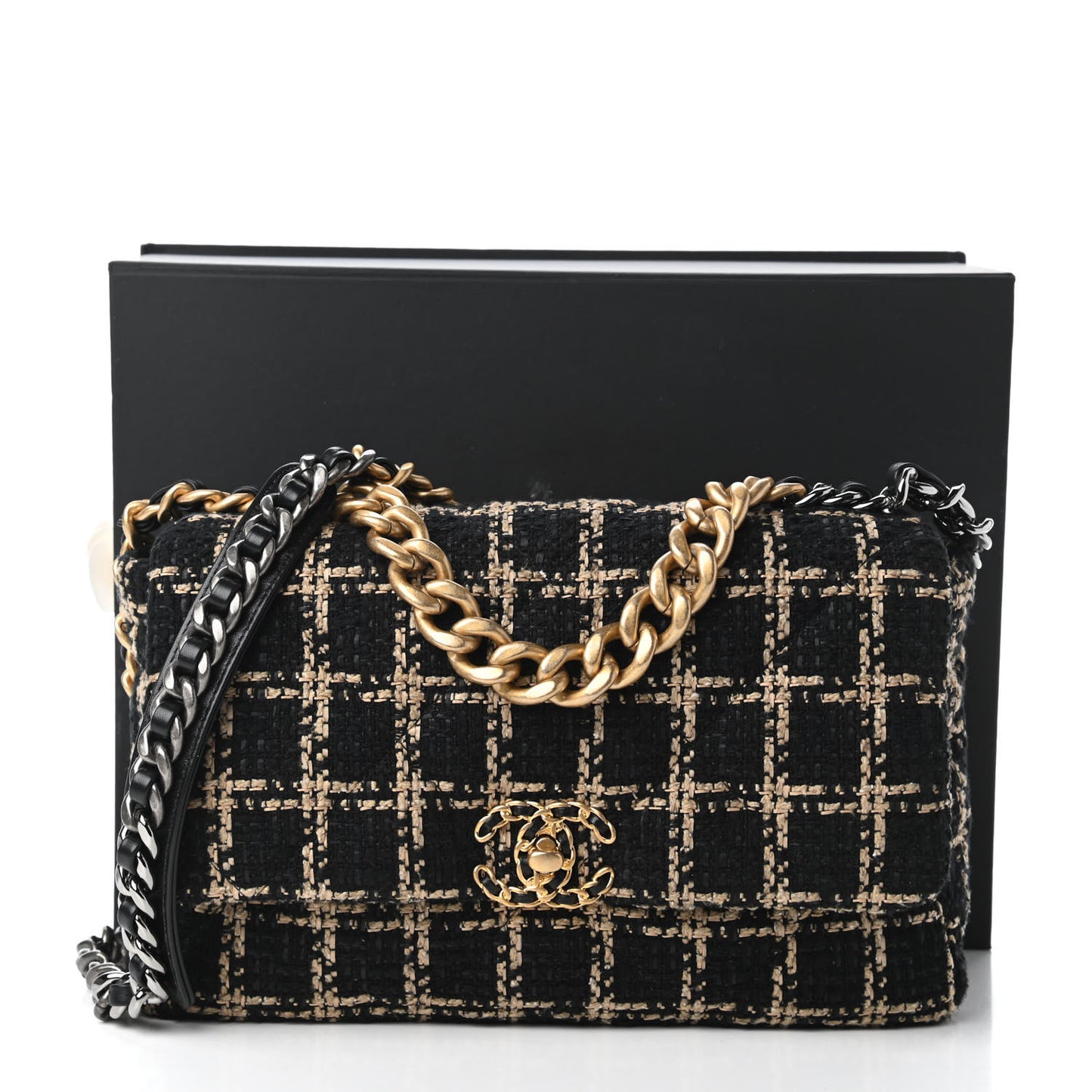 Tweed Quilted Large Chanel 19 Flap Black Beige