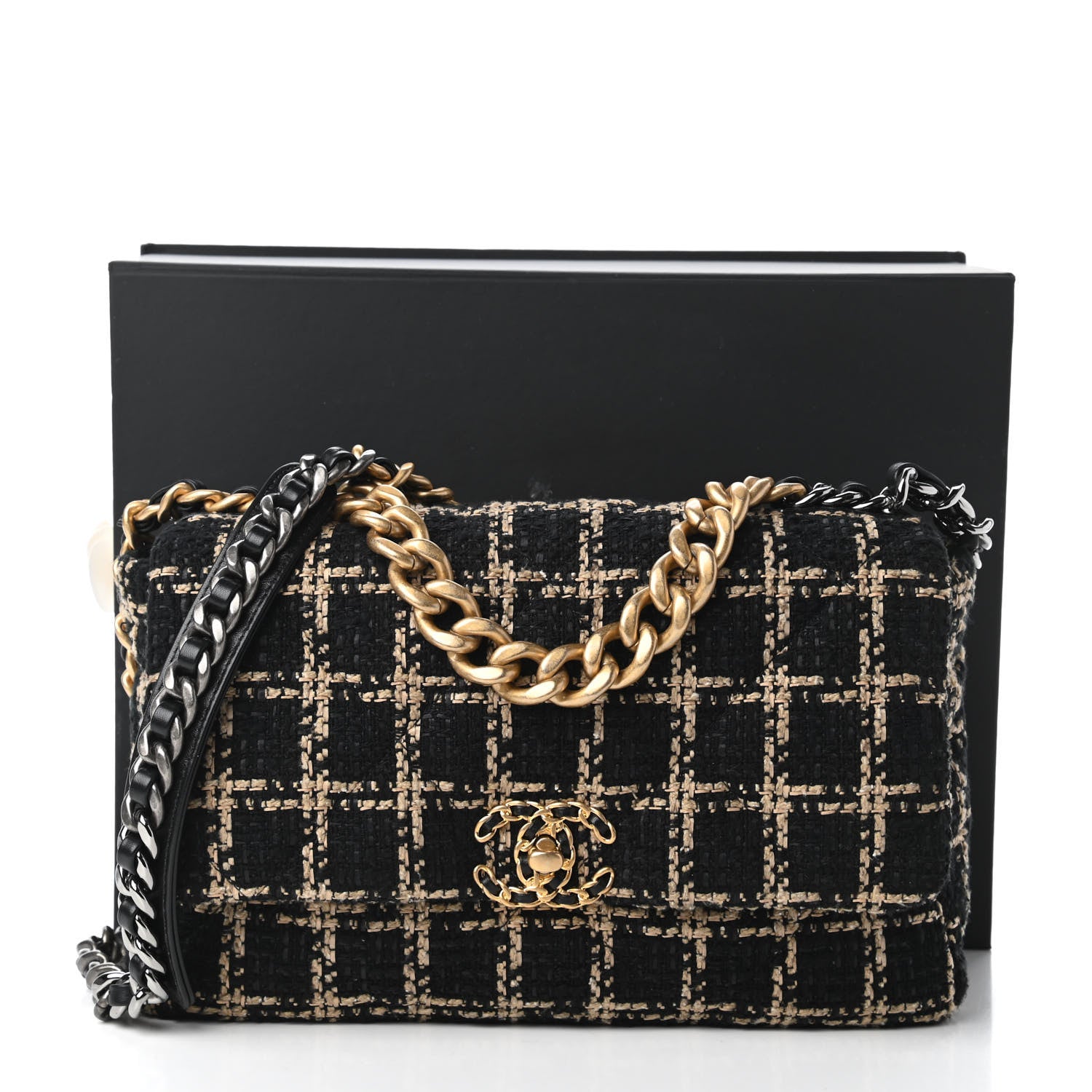 Chanel Tweed Quilted Large Chanel 19 Flap Black Beige 11 of 11