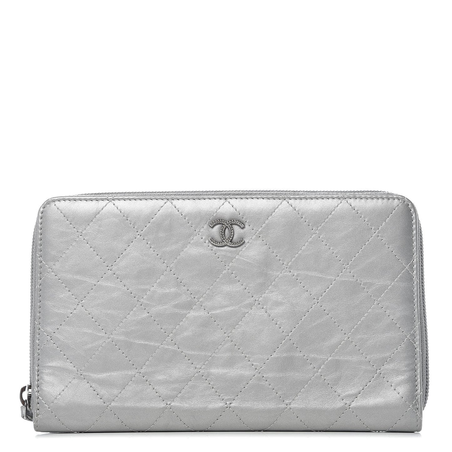 Metallic Aged Calfskin Quilted Palette Large Zip Around Organizer Wallet Silver