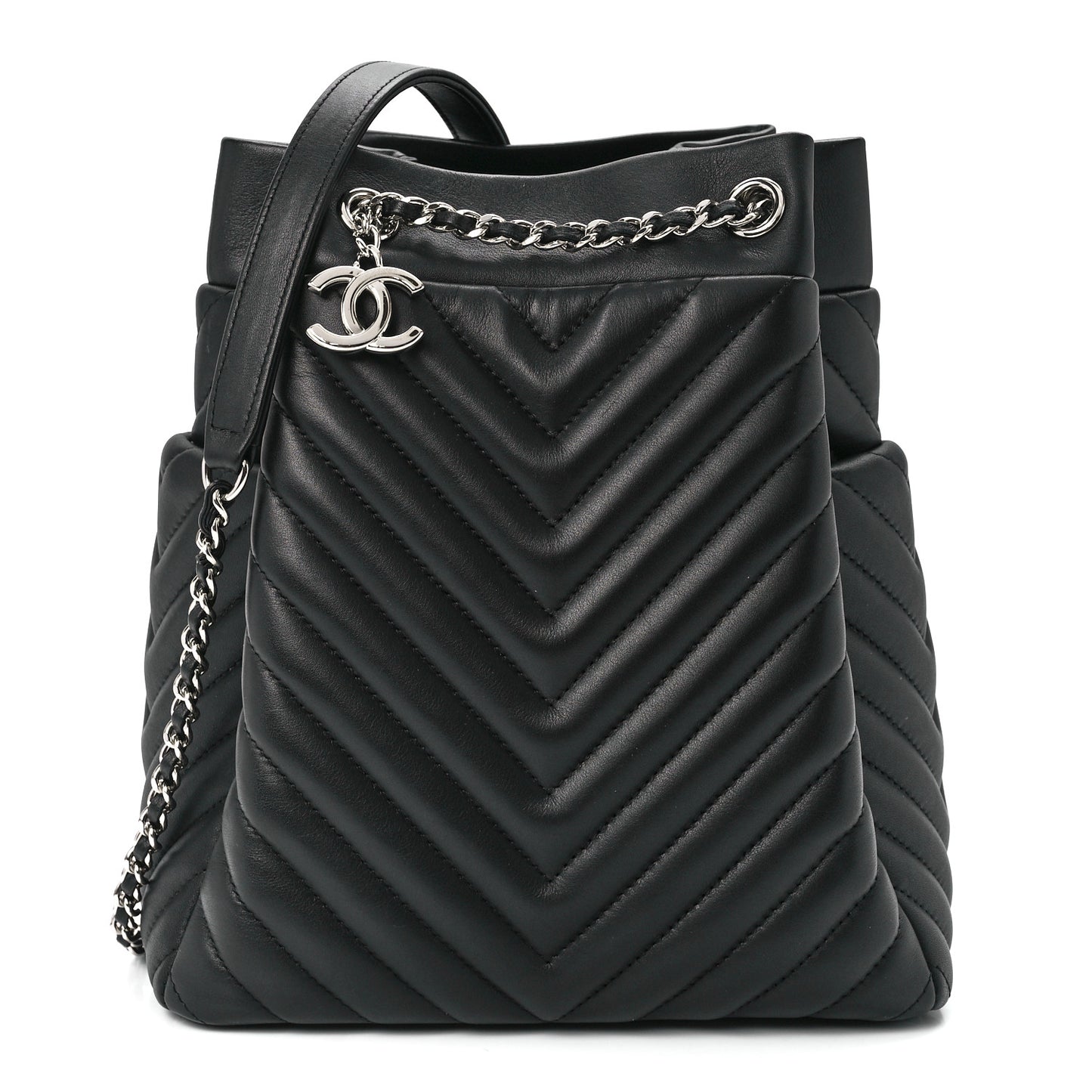 Lambskin Chevron Small Urban Spirit Drawstring Bag Black