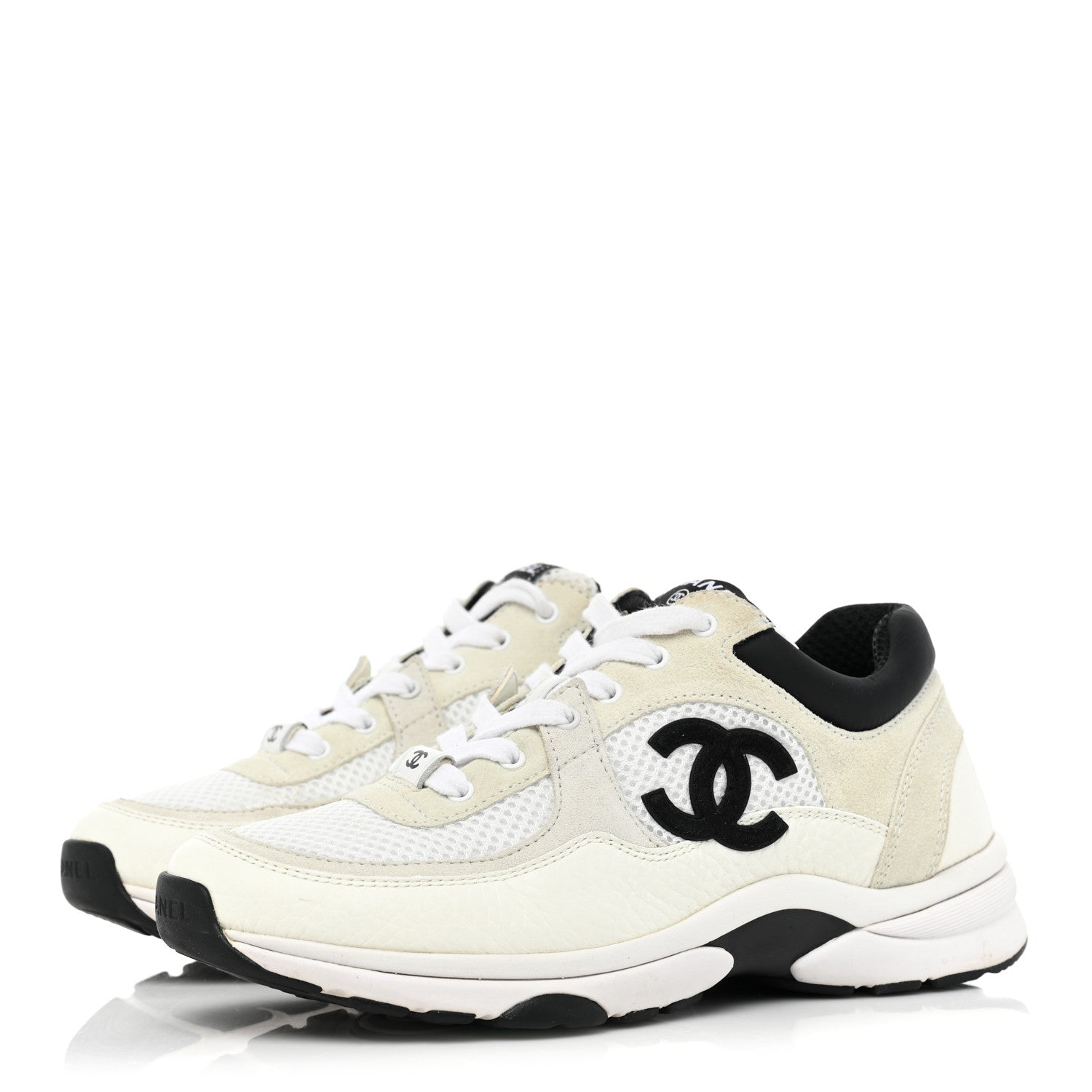 Chanel Mesh Suede Calfskin Grained Calfskin Womens CC Sneakers 36.5 White Black 3 of 9