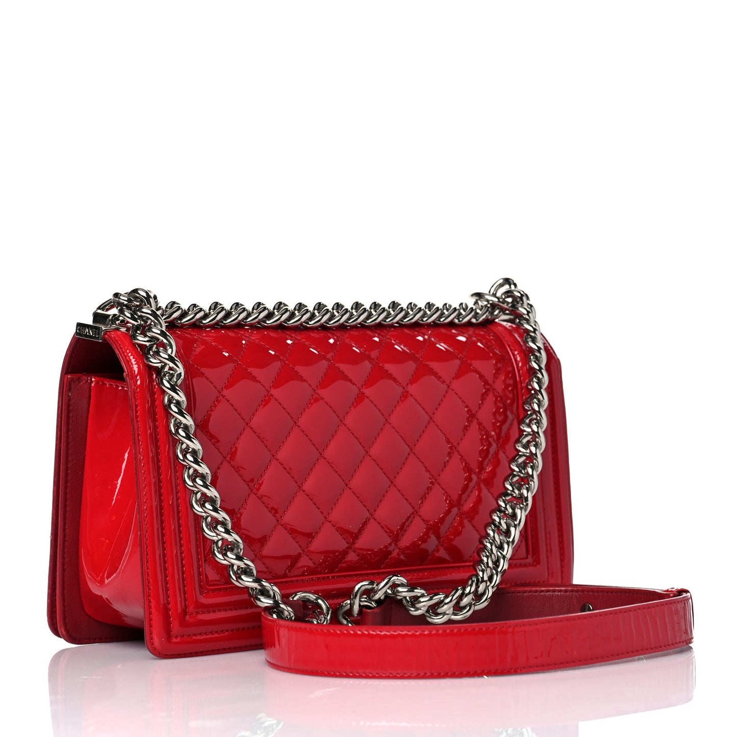 Patent Calfskin Quilted Medium Plexiglass Boy Flap Red