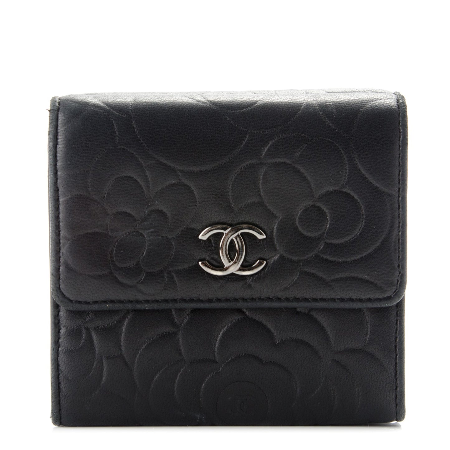 Lambskin Embossed Camellia French Wallet Black