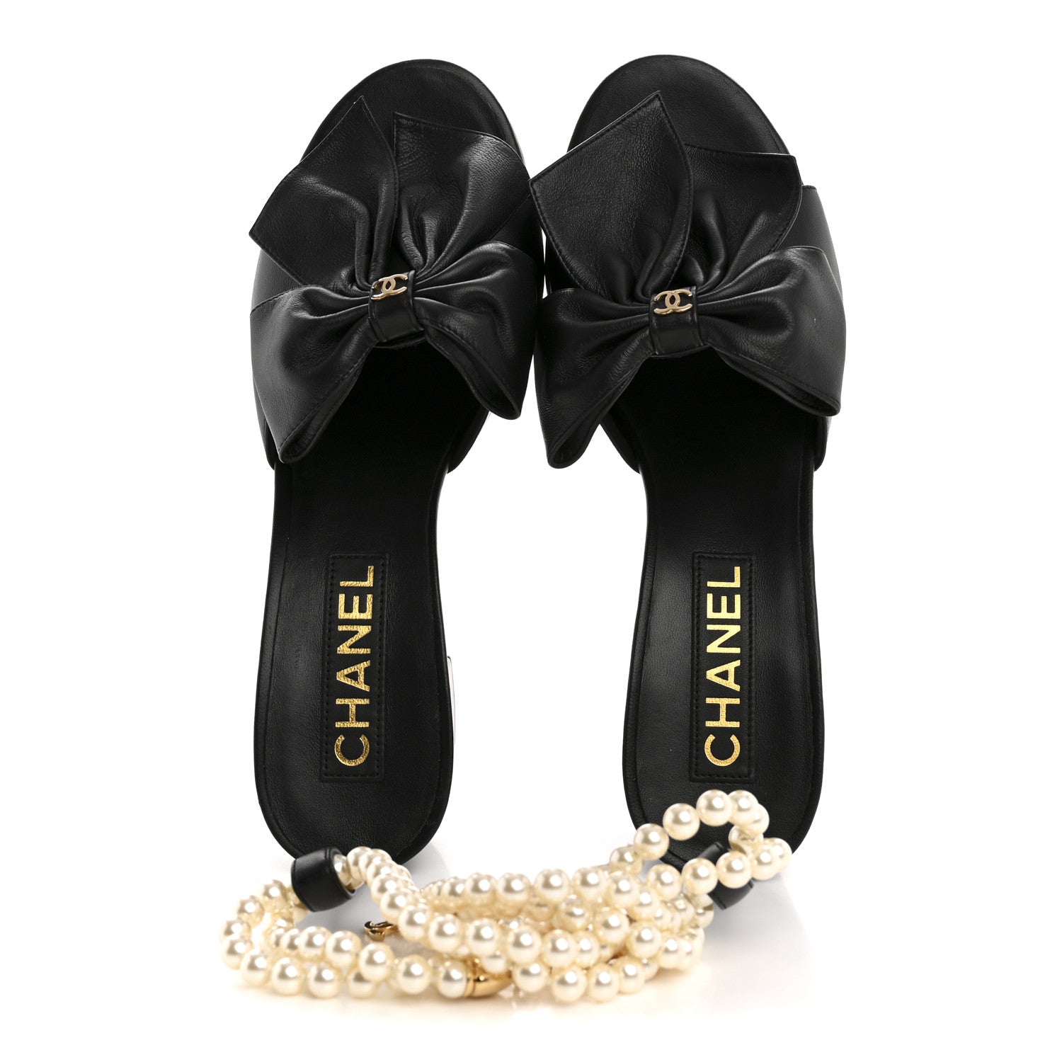 Chanel Lambskin Pearl Bow CC Ankle Strap Sandals 37 Black 2 of 10