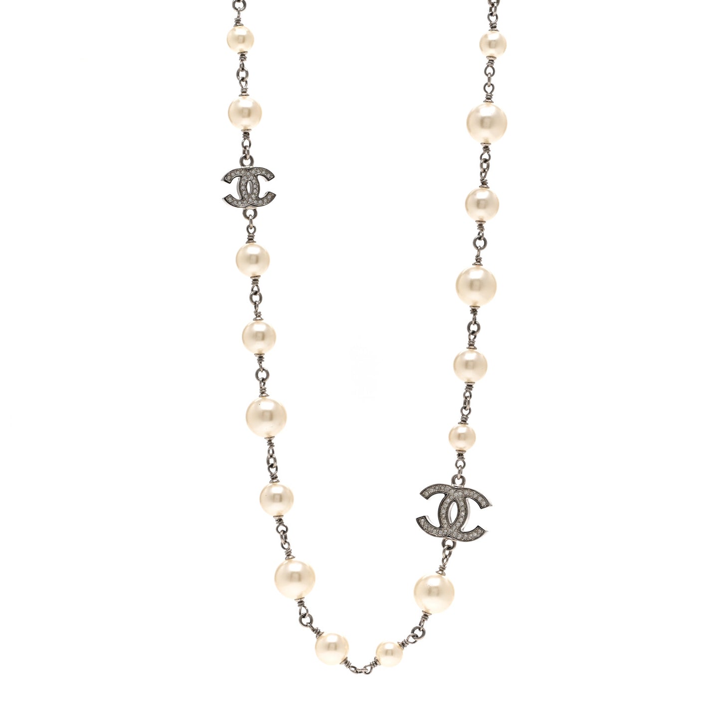 Graduated Pearl Crystal CC Long Necklace Silver