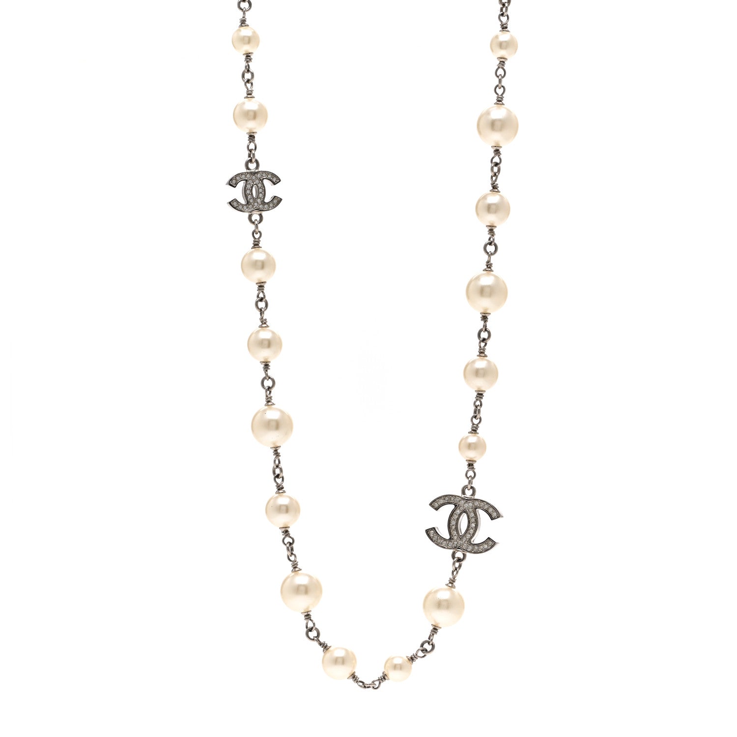 Chanel Graduated Pearl Crystal CC Long Necklace Silver 1 of 6
