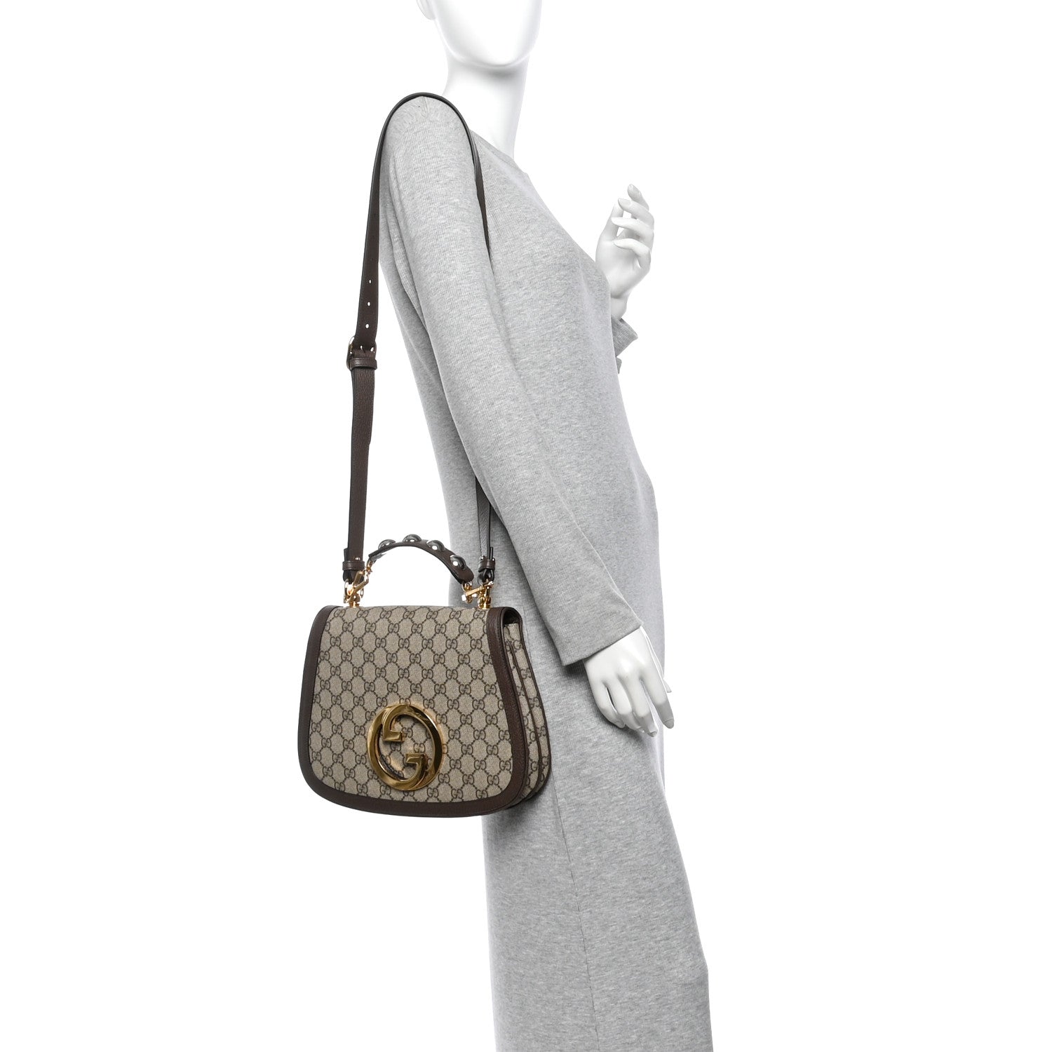 Gucci GG Supreme Monogram Textured Dollar Calfskin Web Medium Blondie Top Handle Shoulder Flap Bag Beige Ebony New Acero 2 of 13