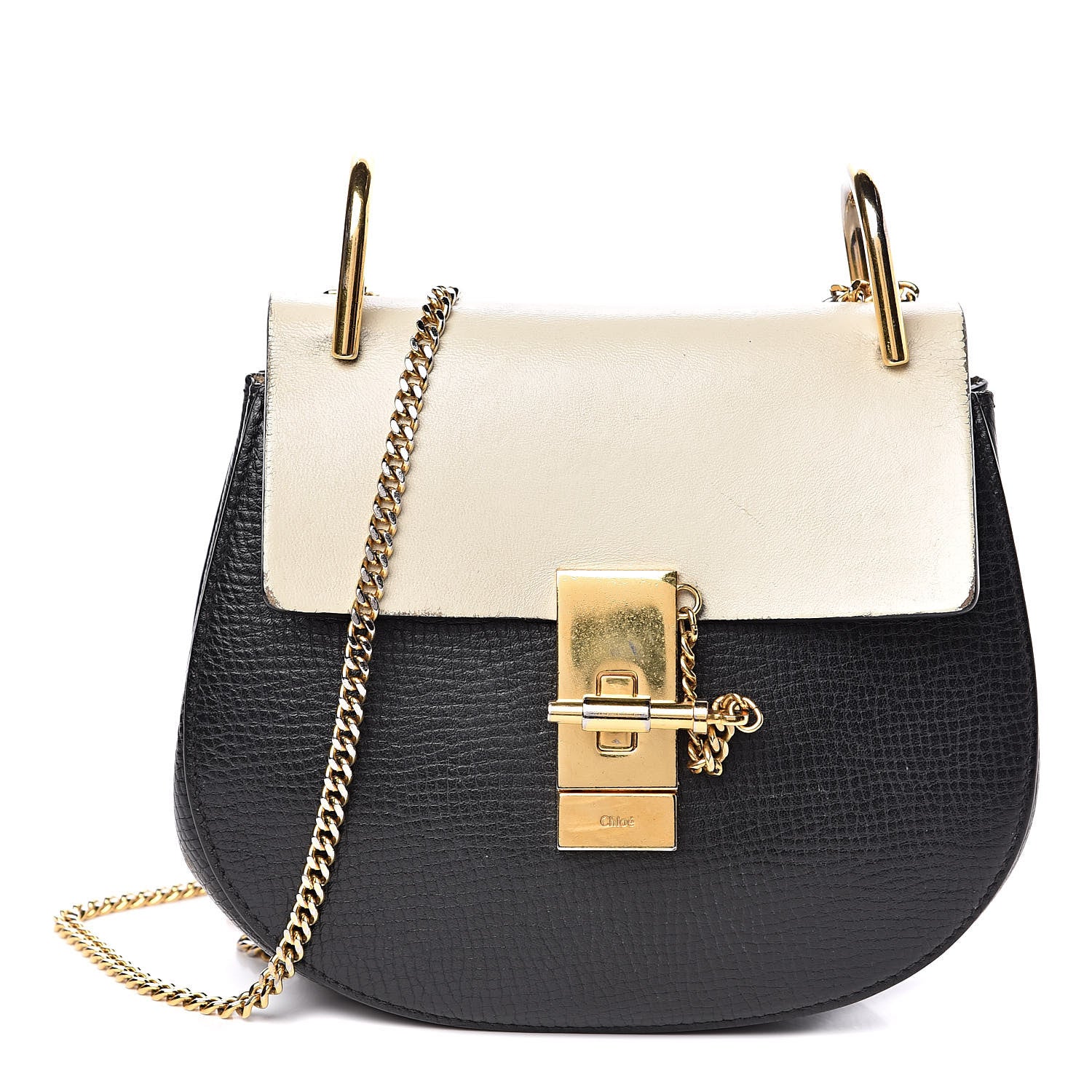 Chloe Grained Calfskin Lambskin Mini Bi-Color Drew Shoulder Bag Black Powder Beige 1 of 12