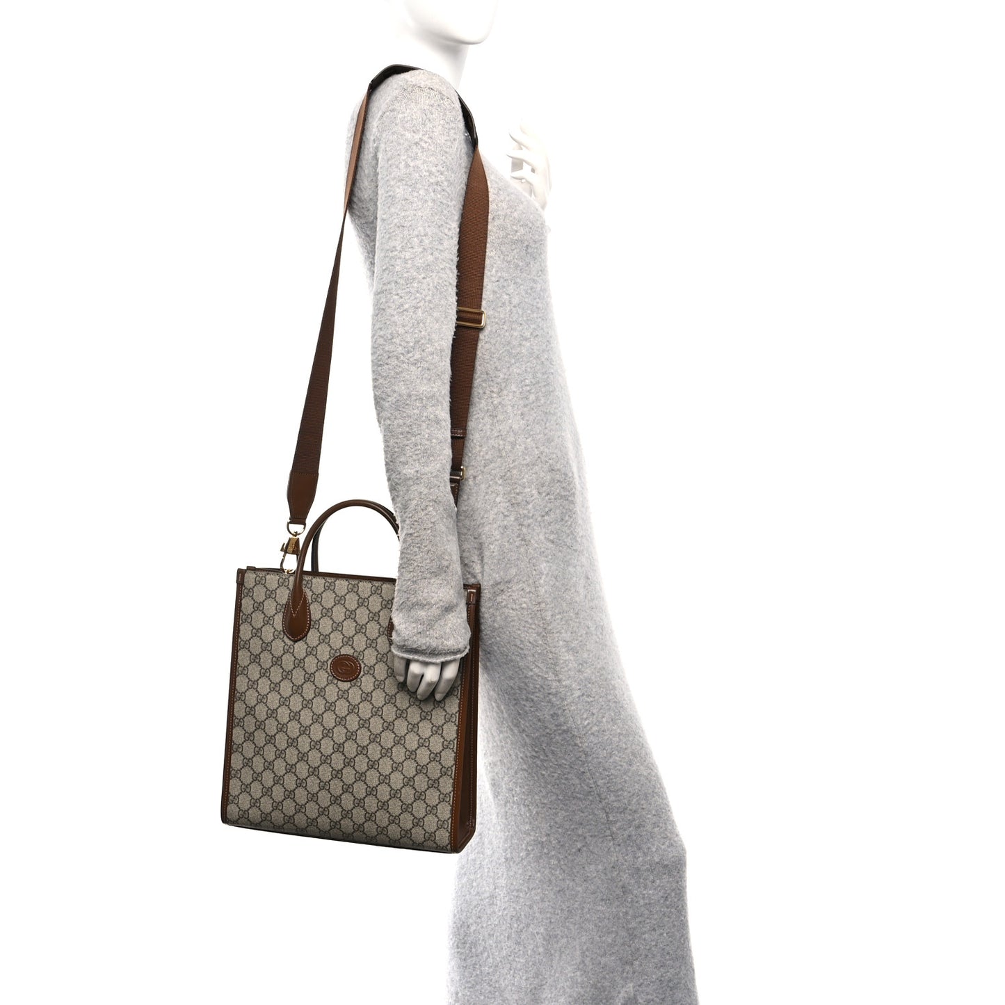 GG Supreme Monogram Textured Dollar Calfskin Web Small Retro Interlocking G Vertical Tote Bag Beige Ebony Brown Sugar