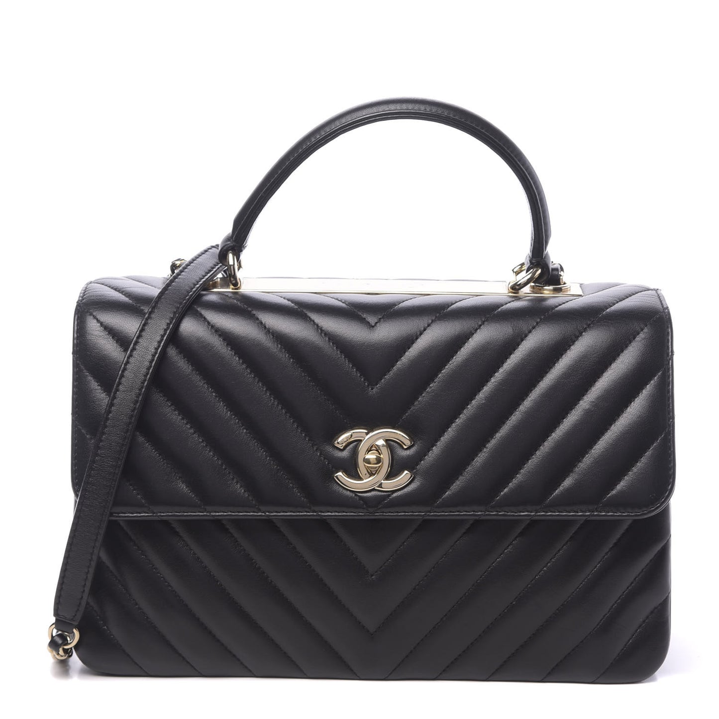 Lambskin Chevron Quilted Medium Trendy CC Dual Handle Flap Bag Black