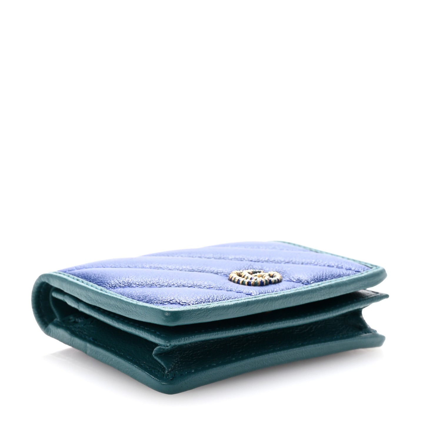 Azalea Calfskin Enamel Matelasse Diagonal Torchon GG Marmont Card Case Imperial Blue Pavone