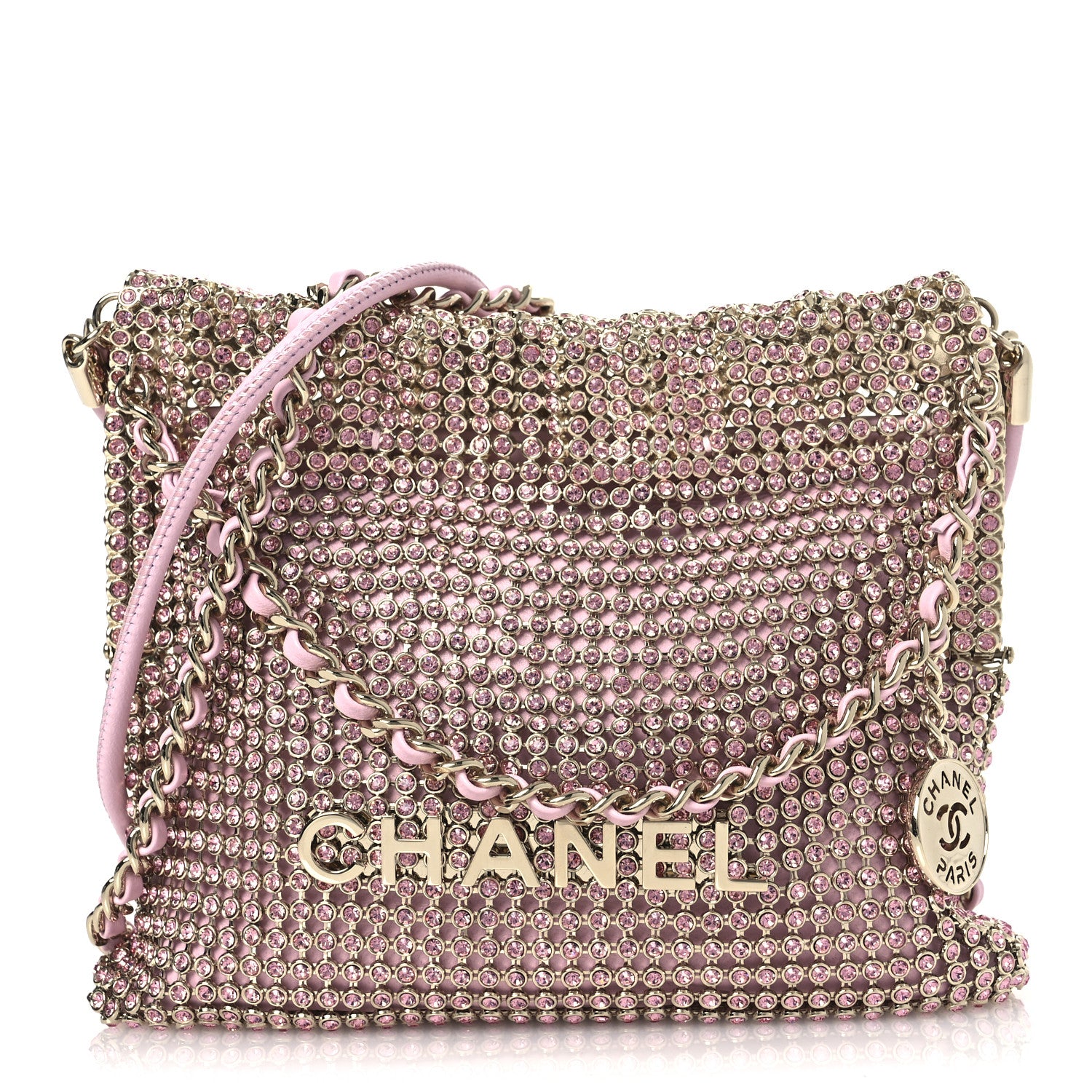 Chanel Crystal Embellished Metallic Lambskin Mini Chanel 22 Pink