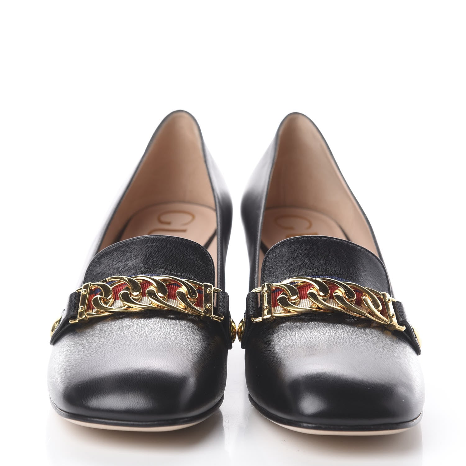 Gucci Malaga Kid Sylvie Web Chain Mid Heel Loafers 38 Black 3 of 7