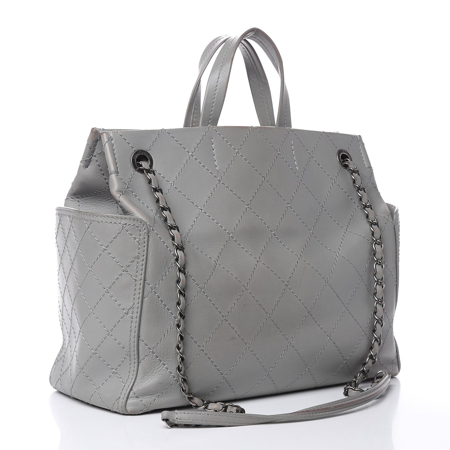 Grained Calfskin Small CC Pocket Tote Grey