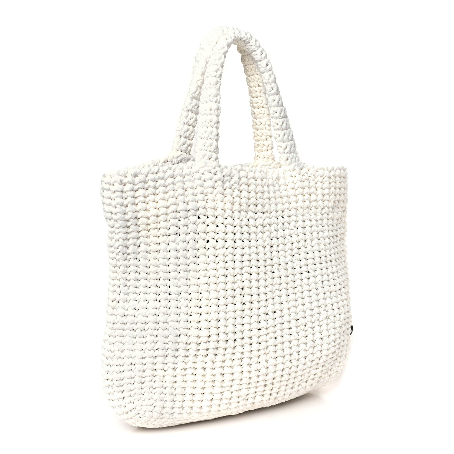 Yarn Raffia Effect Crochet Embroidered Small Logo Tote White