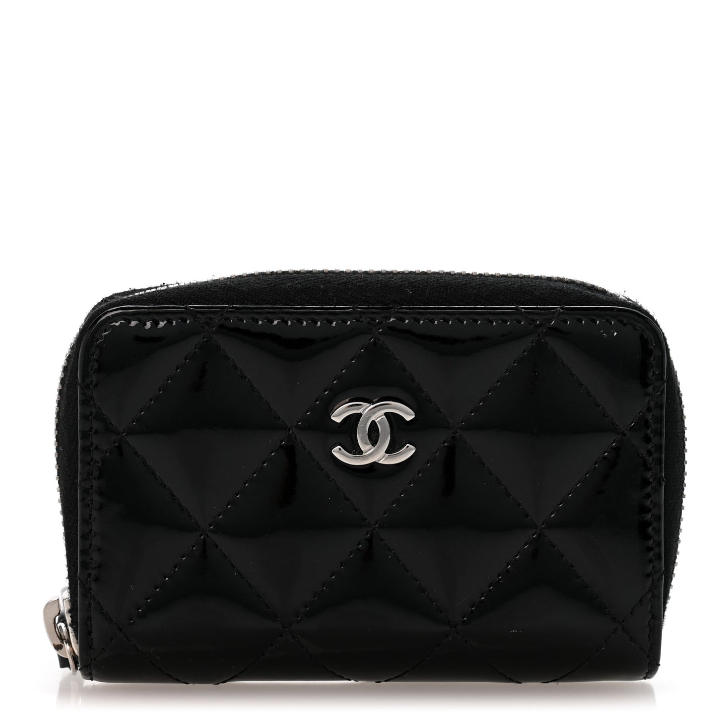 Patent Calfskin Quilted Zip Coin Purse Black