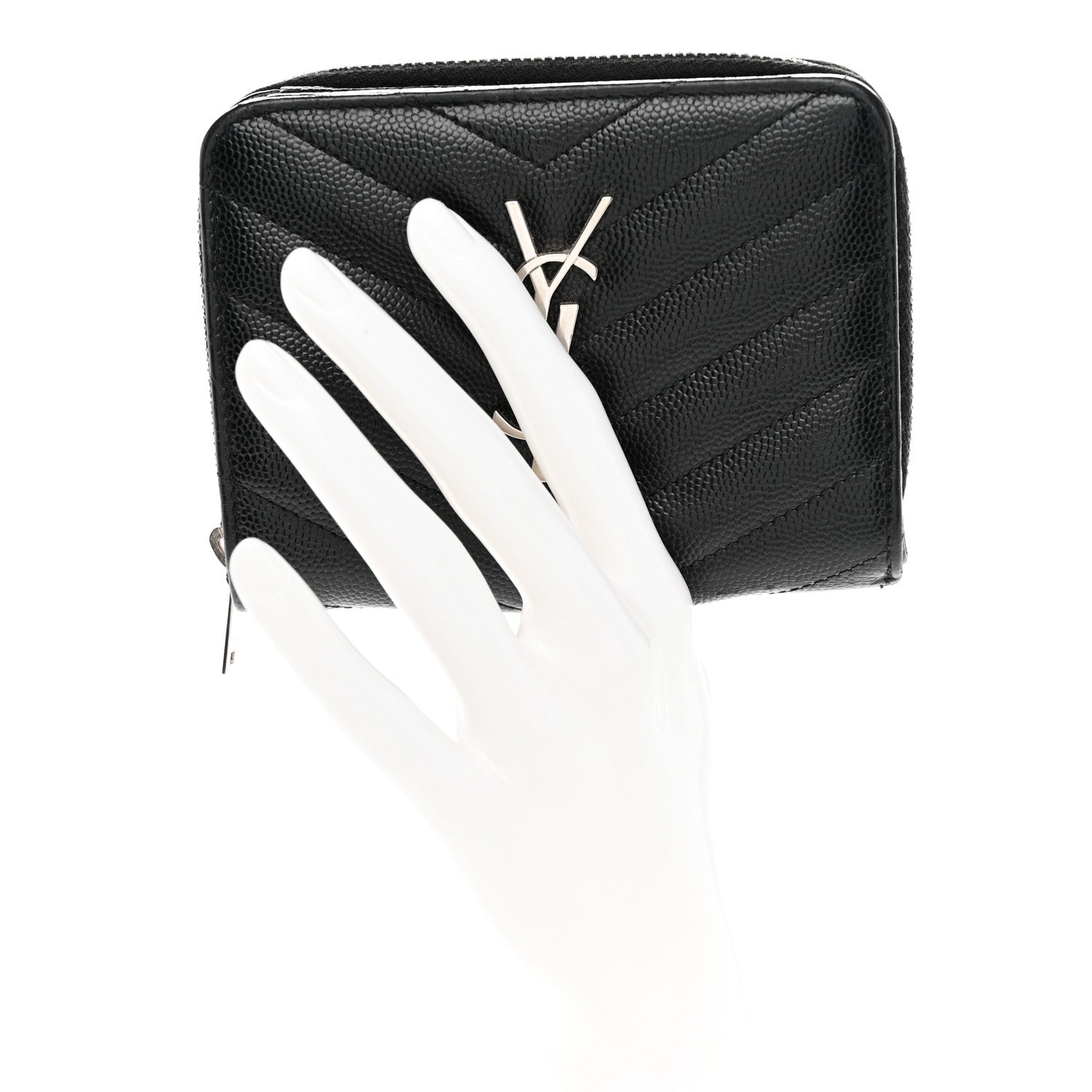 Saint Laurent Grain De Poudre Matelasse Chevron Monogram Compact Zip Around Wallet Black 2 of 10