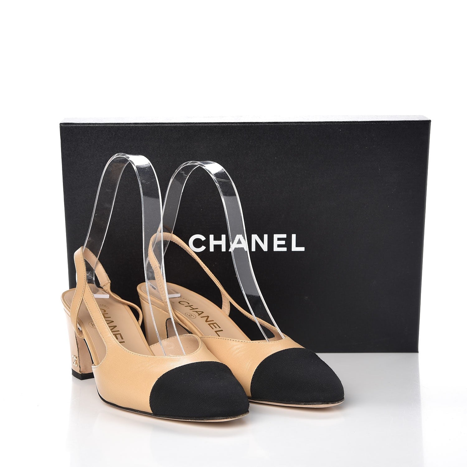 Chanel Goatskin Grosgrain Cap Toe CC Slingback Pumps 35.5 Beige Black 12 of 12