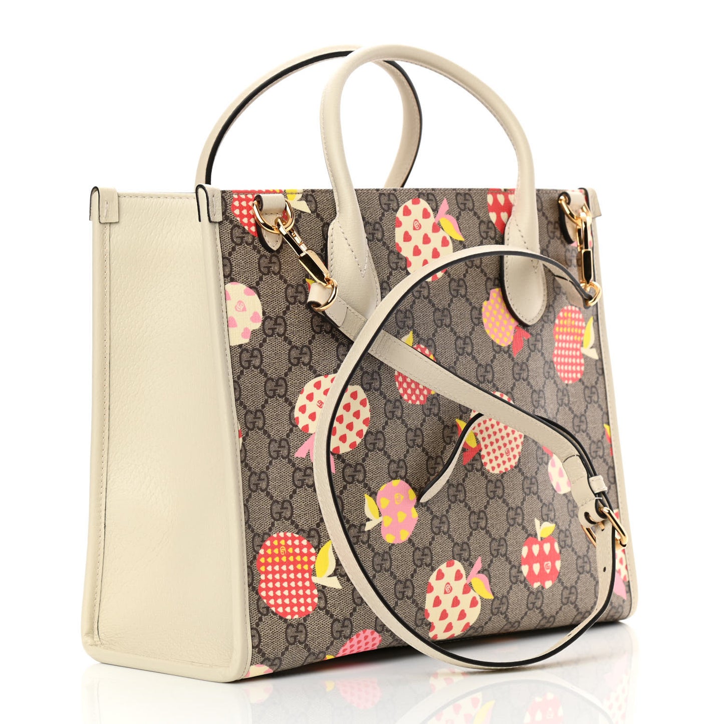 GG Supreme Monogram Textured Calfskin Les Pommes Small Retro Interlocking G Tote Bag Beige Multicolor Mystic White