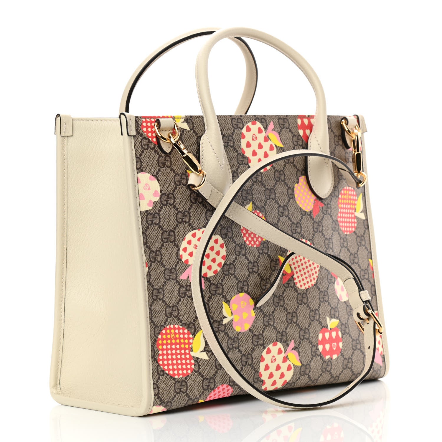 Gucci GG Supreme Monogram Textured Calfskin Les Pommes Small Retro Interlocking G Tote Bag Beige Multicolor Mystic White 3 of 11