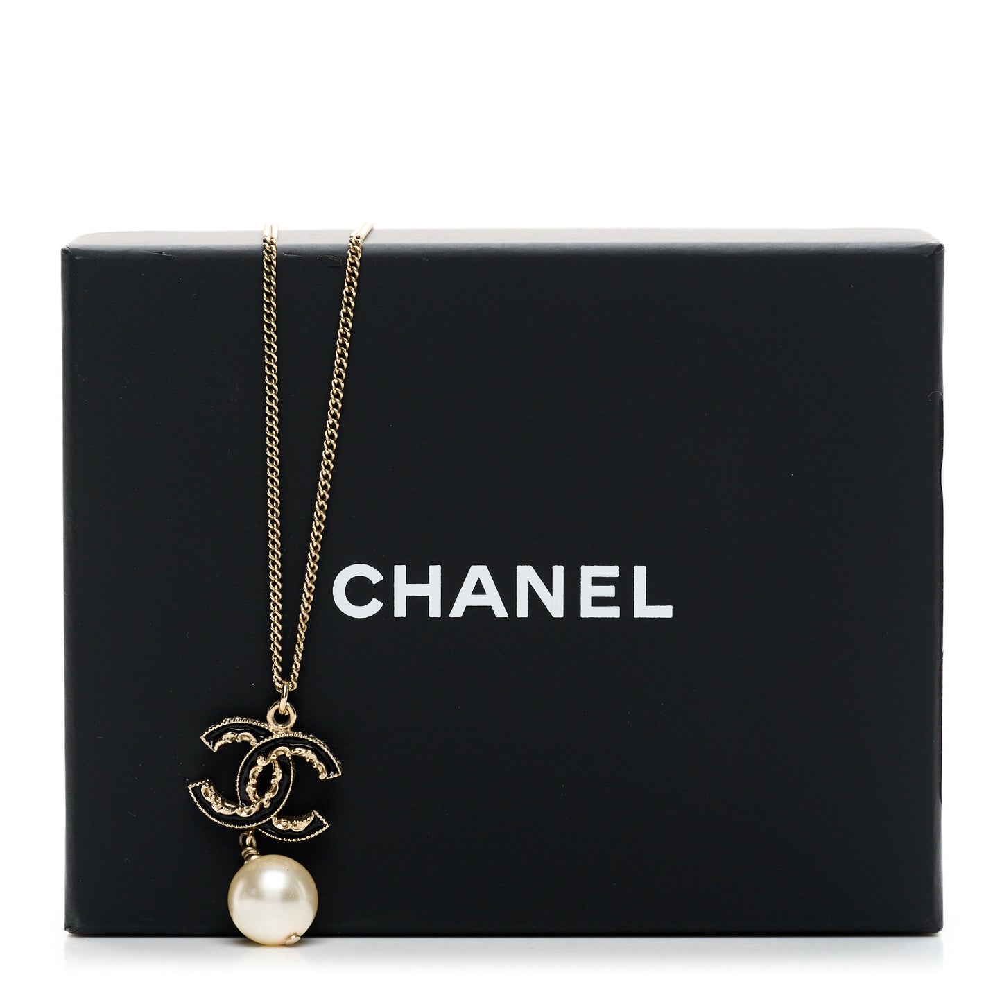 Enamel Pearl CC Baroque Drop Necklace Black Gold