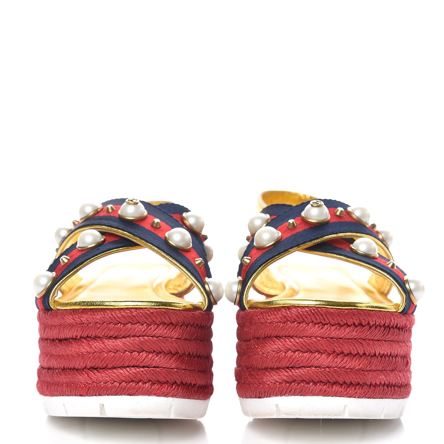Metallic Nappa Silk Web Pearl Crossover Espadrille Platform Lug Sole Sandals 37 Gold