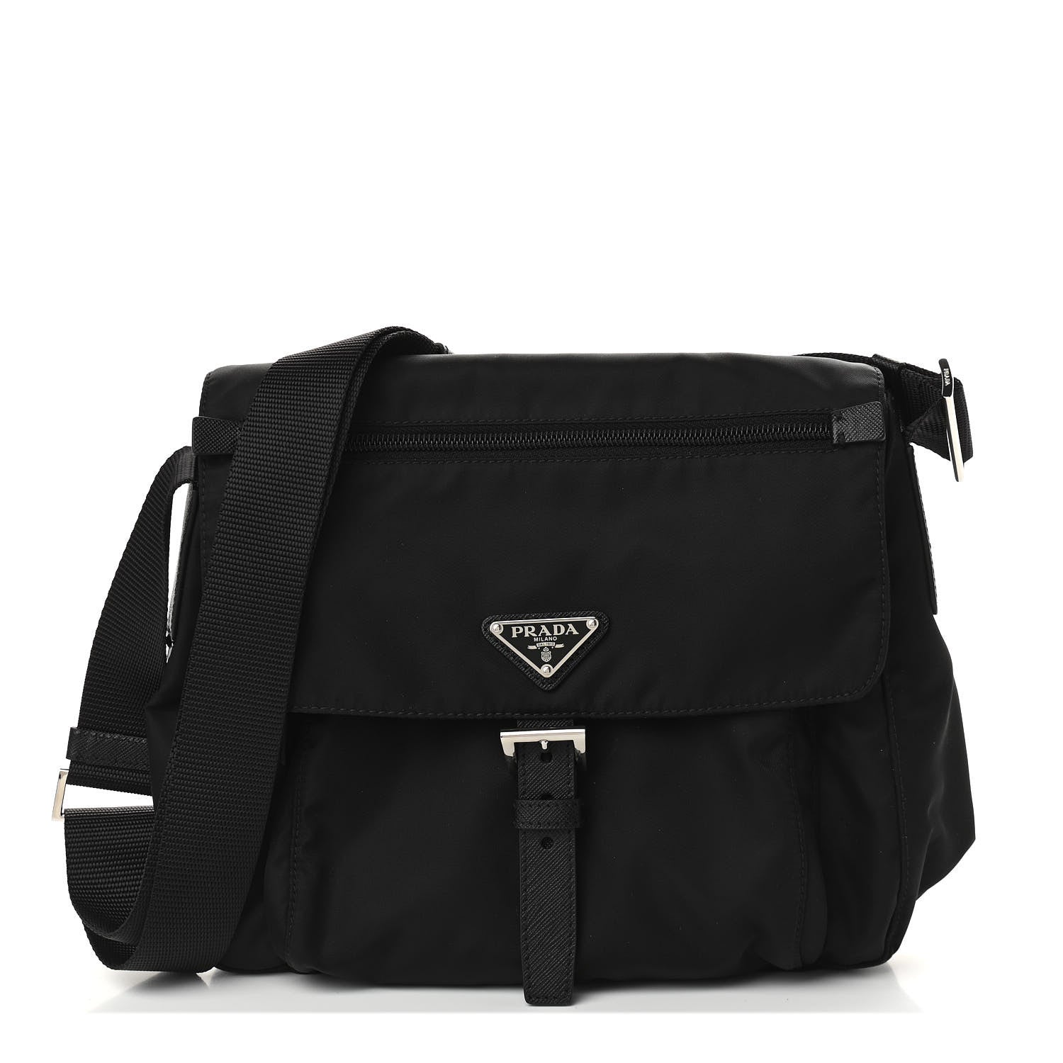 Prada Nylon Vela Saffiano Single Buckle Messenger Shoulder Bag Black 1 of 9