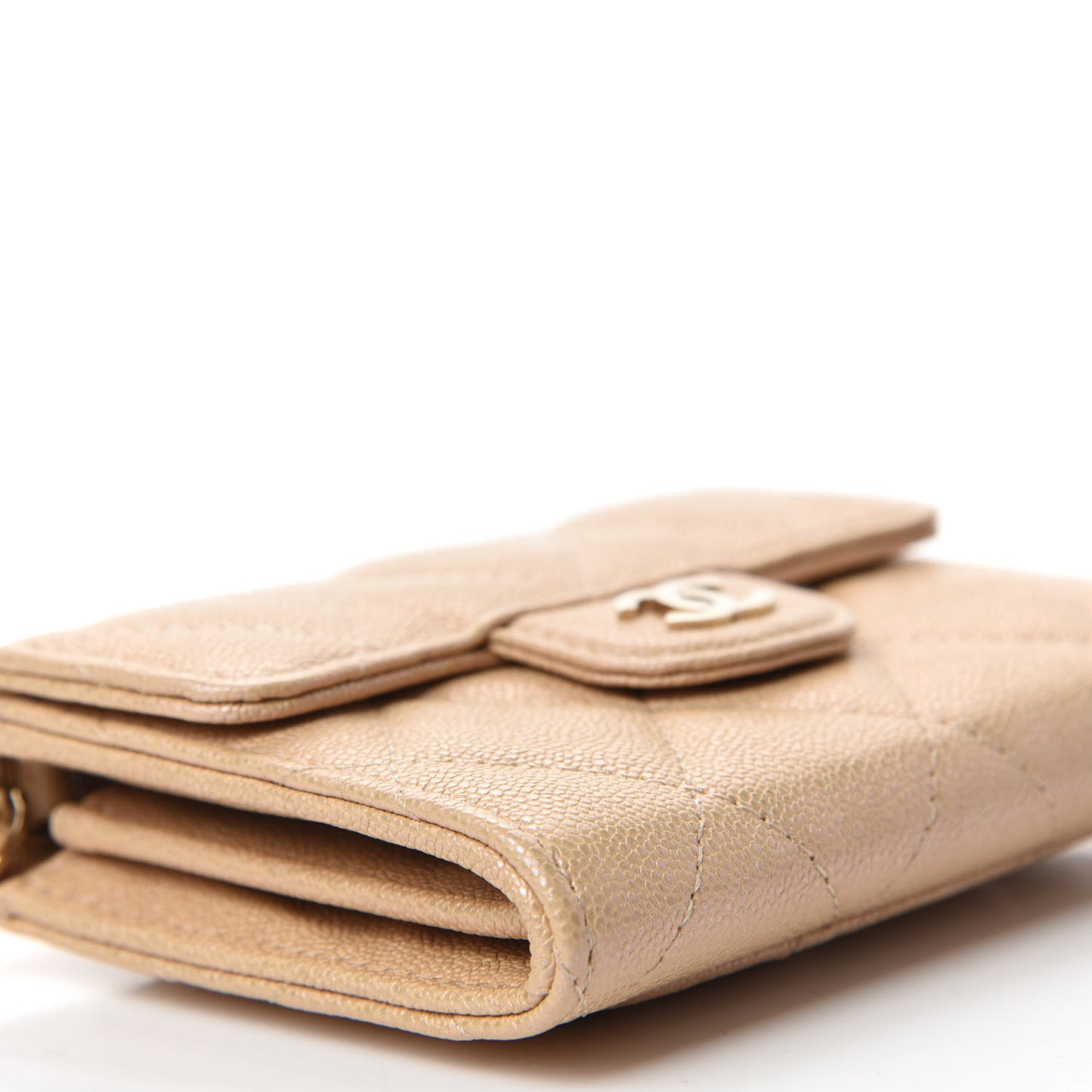 Iridescent Caviar Quilted Flap Card Holder On Chain Beige
