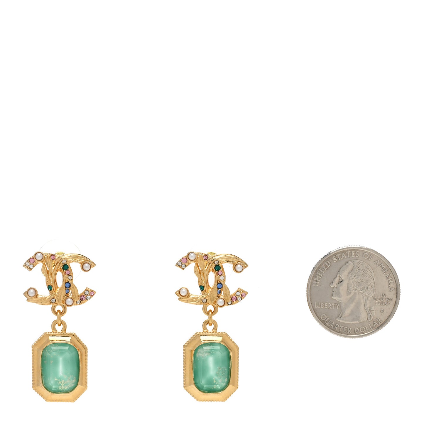 Crystal Pearl Glitter CC Drop Earrings Gold Green