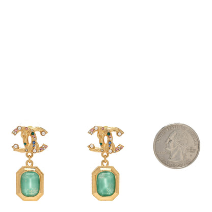 Chanel Crystal Pearl Glitter CC Drop Earrings Gold Green 2 of 5