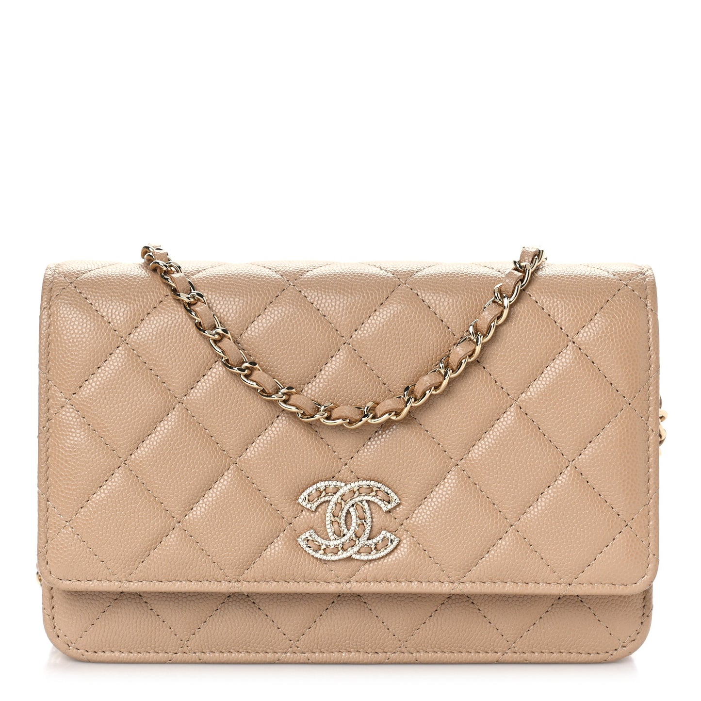 Caviar Quilted Crystal CC Wallet On Chain WOC Beige