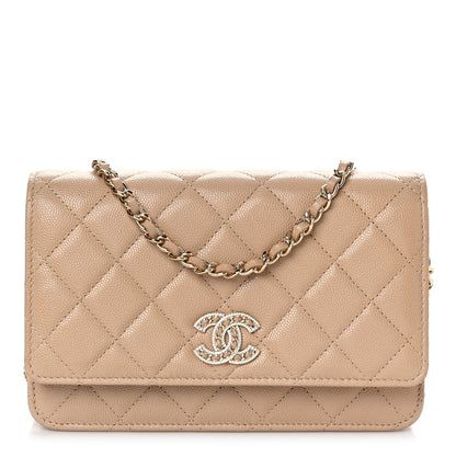 Chanel Caviar Quilted Crystal CC Wallet On Chain WOC Beige 1 of 10