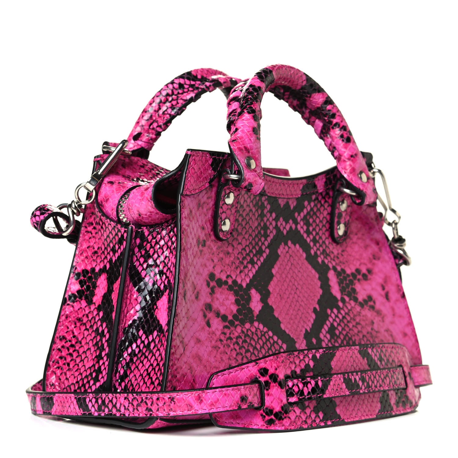 Balenciaga Calfskin Python Effect Neo Classic Silver Hardware Mini City Fuchsia Black 2 of 5