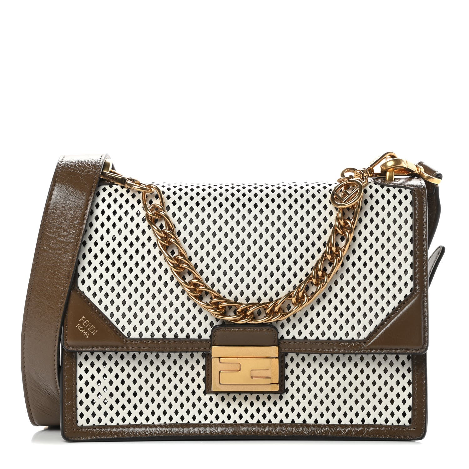 Fendi Vitello Liberty Glossy Lambskin F is Fendi Perforated Kan U Shoulder Bag White Ice Rust Maya 1 of 12