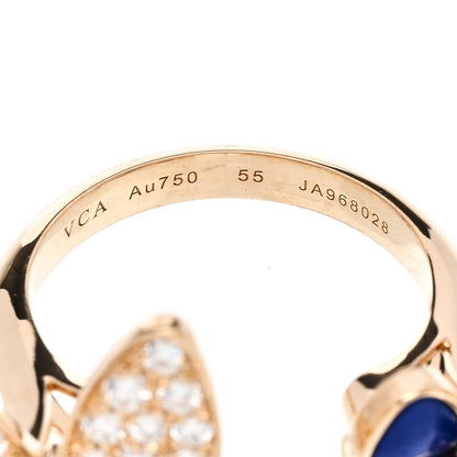 Van Cleef & Arpels 18K Yellow Gold Diamond Lapis Lazuli Two Butterfly Between The Finger Ring 55 7.25 4 of 8