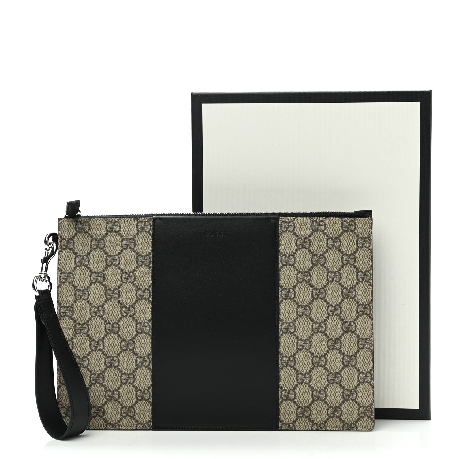 Gucci GG Supreme Monogram Zip Wristlet Pouch Beige Black 1087614