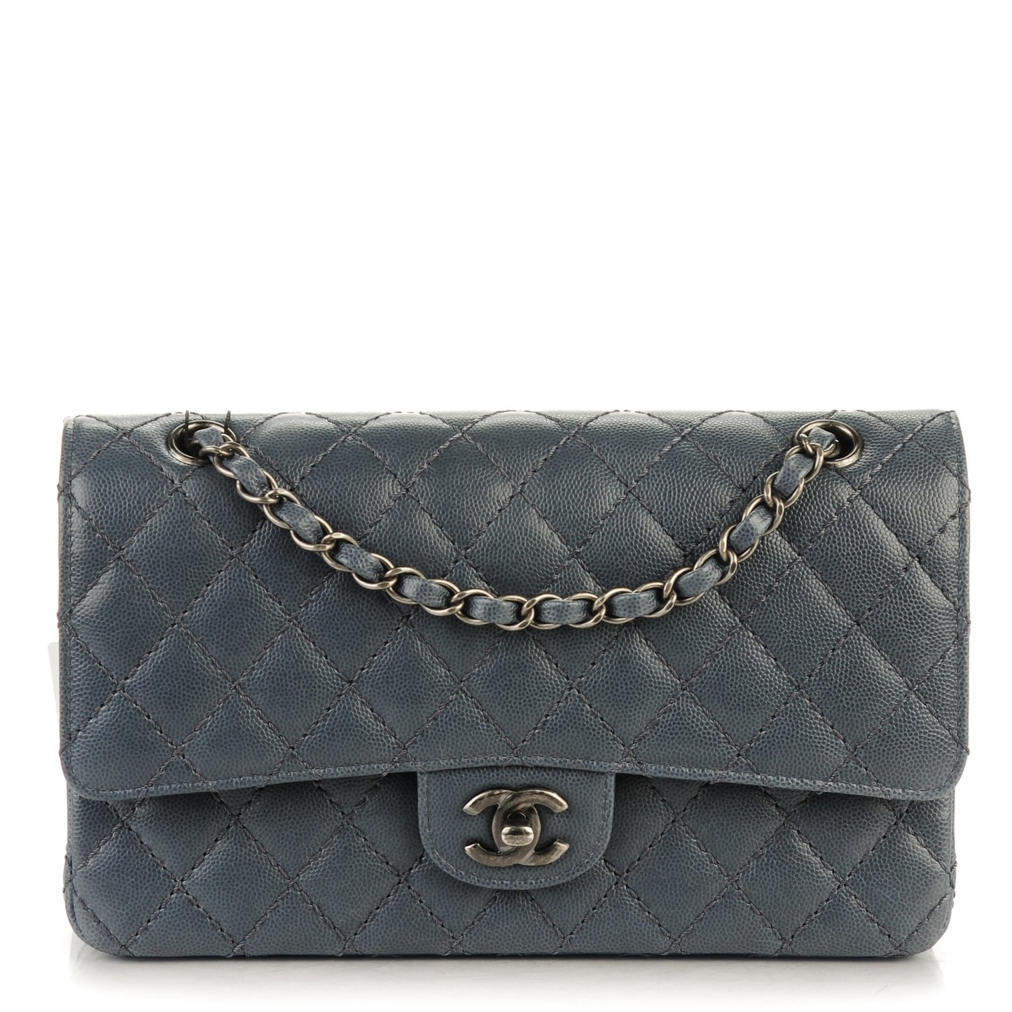 Caviar Quilted Medium Double Flap Grey