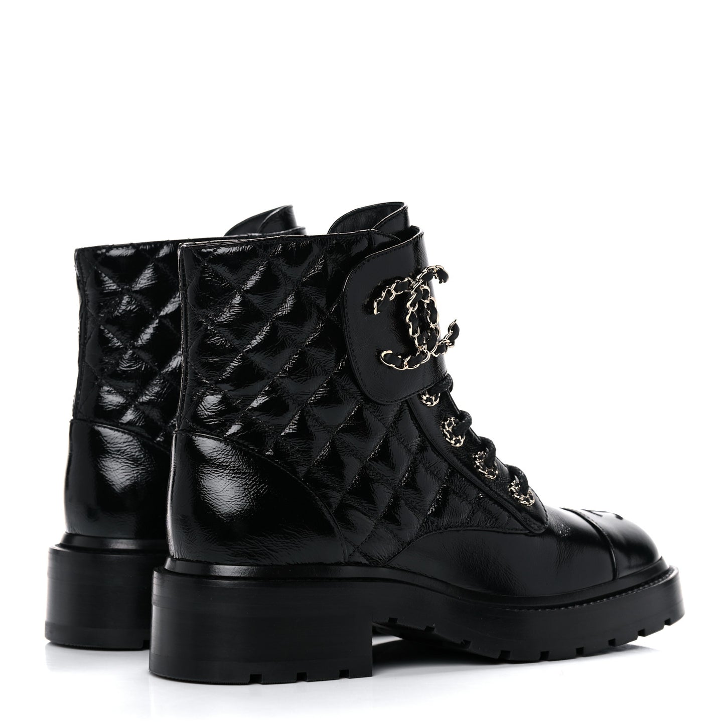 Shiny Calfskin Quilted Lace Up Combat Boots 37 Black